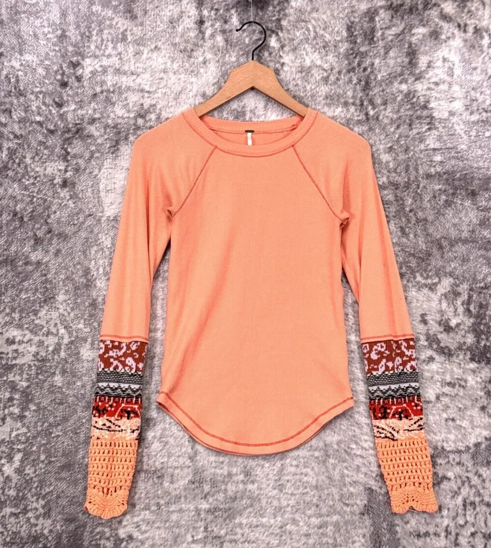 Free People Top Small Womens In The Mix Thermal Cuff Peach Pink Orange Crochet